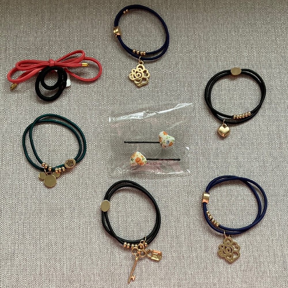 Lot of 7 Korean Hair Elastic Ties with Charms and Hairpins
